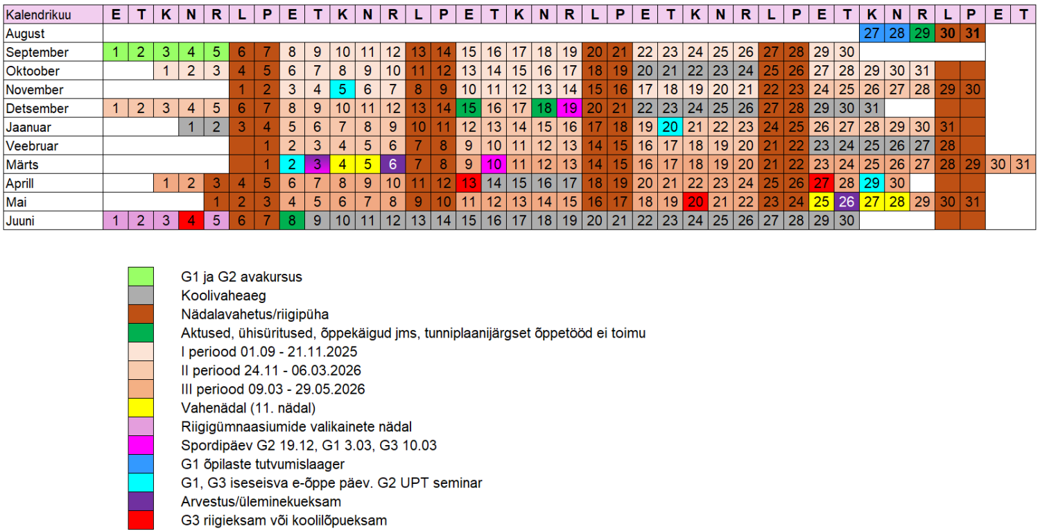 2025-2026 õppeaasta kalender